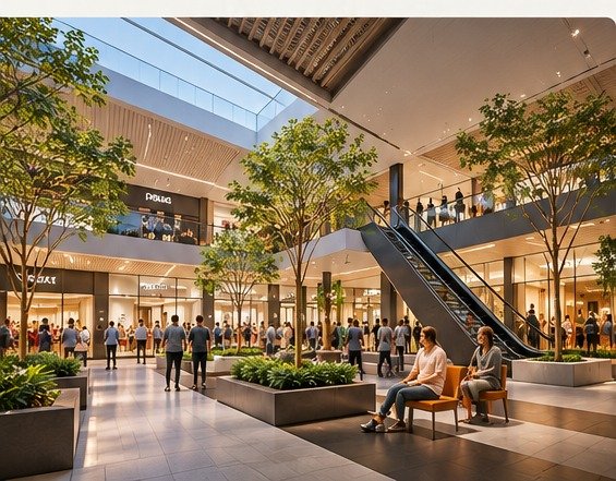 Open atrium and walkways inside Leaf Mall, Sohna